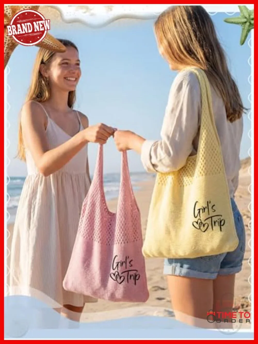 4 Embroidered Beach Mesh Tote Bags Set - Girls Trip Weekend Travel Totes